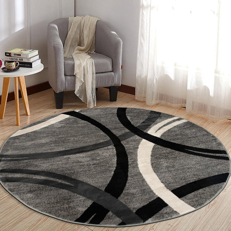 Devonshire Abstract Gray/Black/Ivory Area Rug, Round 8'