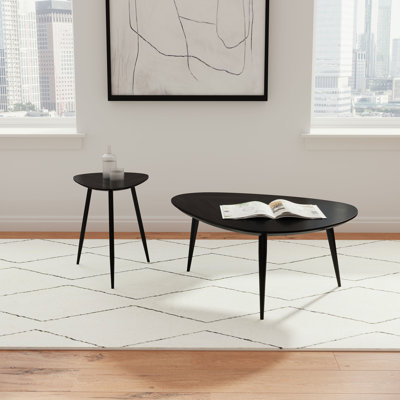 Table basse triangulaire noire, en bois massif fait à la main, pieds en fer évasés fuselés, support, table profonde de 31 pouces de finition élégante, convient pour un espace de vie principal, hauteur 17 po