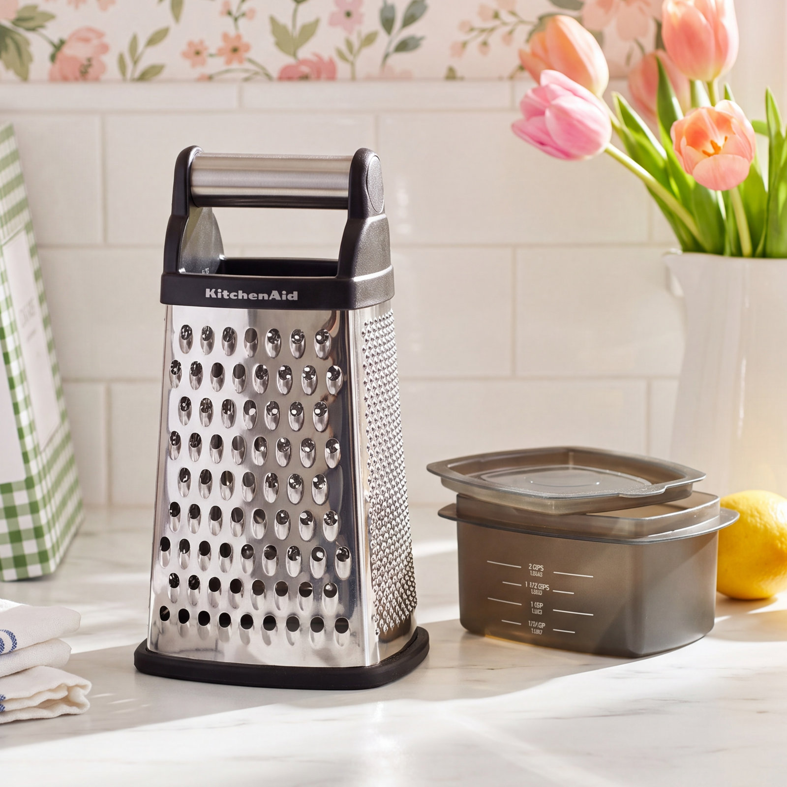 Gourmet Box Grater with Container, Black/Silver