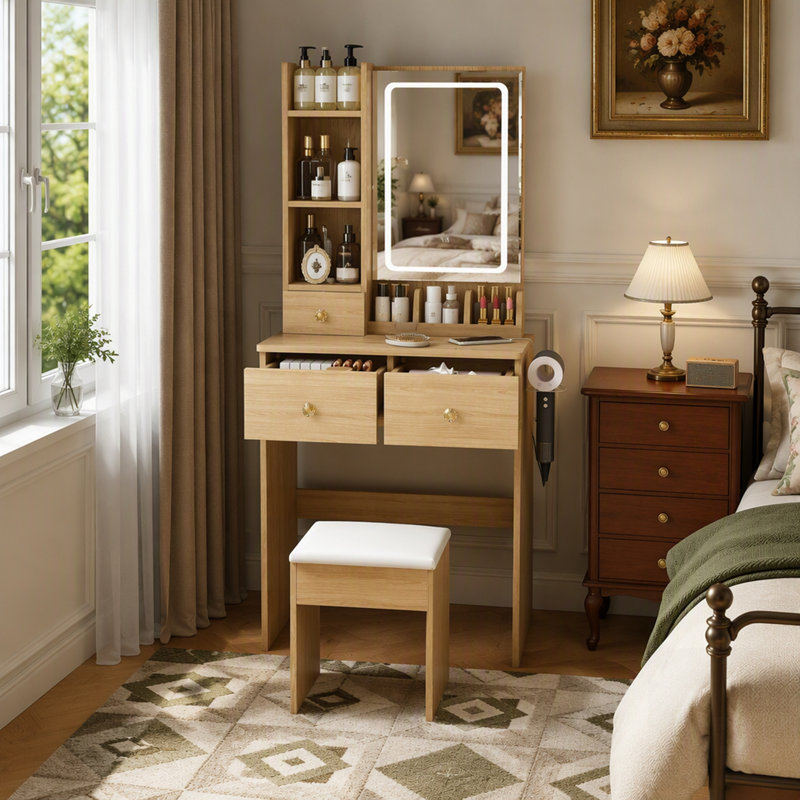 Petit meuble-lavabo moderne avec 3 lumières DEL, luminosité réglable, 3 tiroirs, tablettes ouvertes, support pour sèche-cheveux et prise de courant