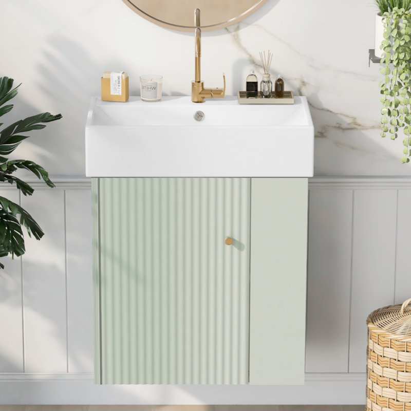 Meuble-lavabo flottant moderne de 21,6 po avec lavabo en céramique - parfait pour les petites salles de bain, rangement à droite