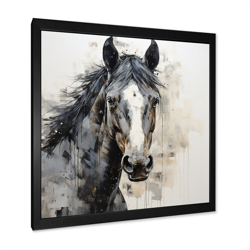 Cheval gris, ton sobre pointillisme I - impression, H 16 po x l 16 po x P 1 po, Cadre photo noir