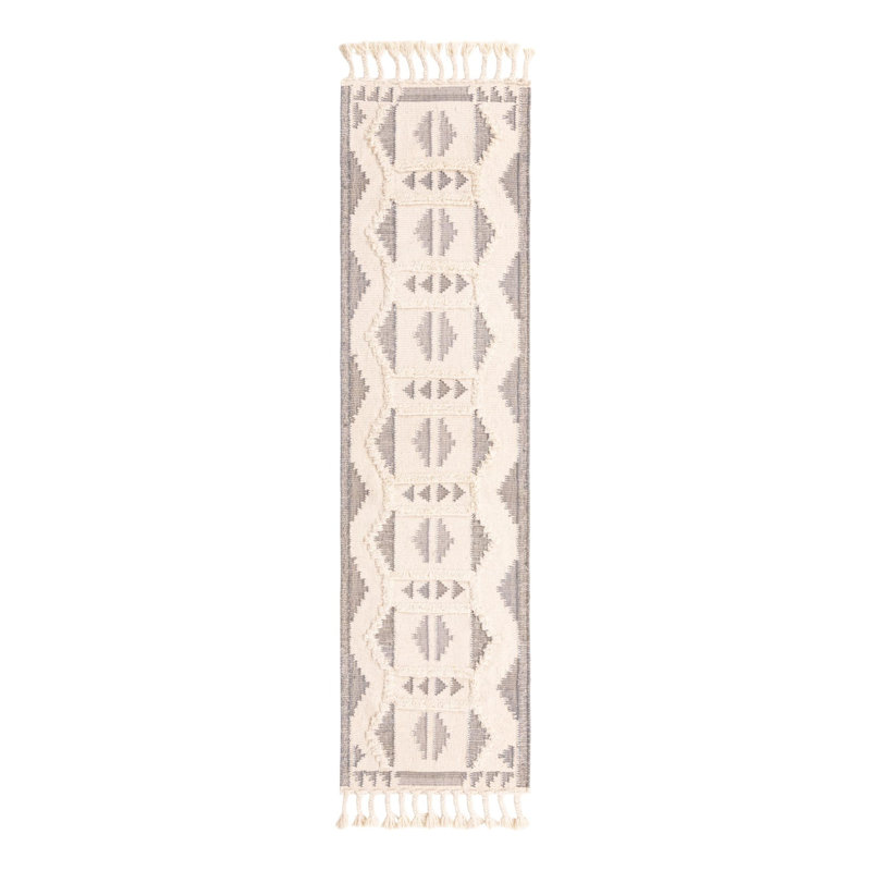 Tapis géométrique en laine tissé à plat à la main Eylin - rose et blanc, Tapis de couloir 2 pi 7 po x 10 pi 1 po