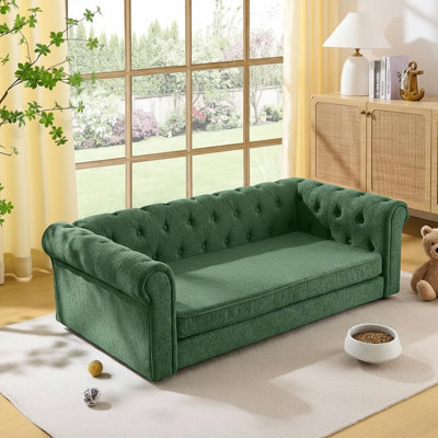 Elevated Linen Fabric Pet Bed for Oversized Dogs, Modern Comfortable Dog Sofa, Olive Green