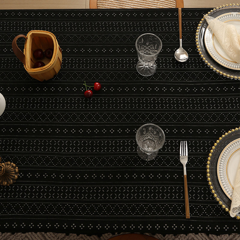 Nappe noire à franges en dentelle rétro, L 87 po