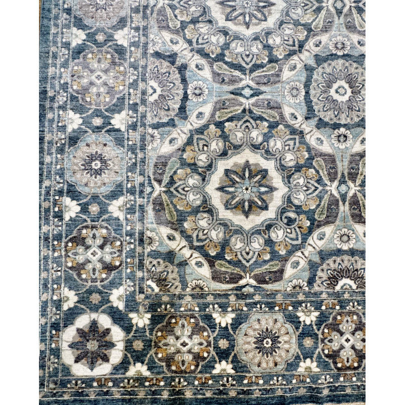 Proprietary Patterns Hand Knotted Wool Southwestern Area Rug in Heron Denim, Rectangle 10' x 14'