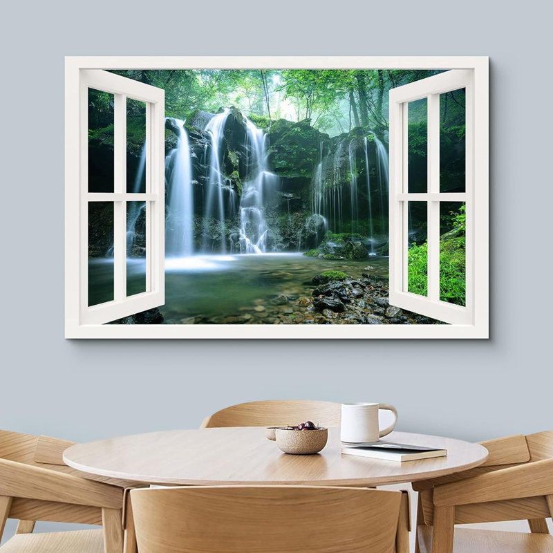 Window Scenery " Window View Rustic Waterfall Cascade River Forest Nature Pictures Scenic Landscape ", 32" H x 48" W