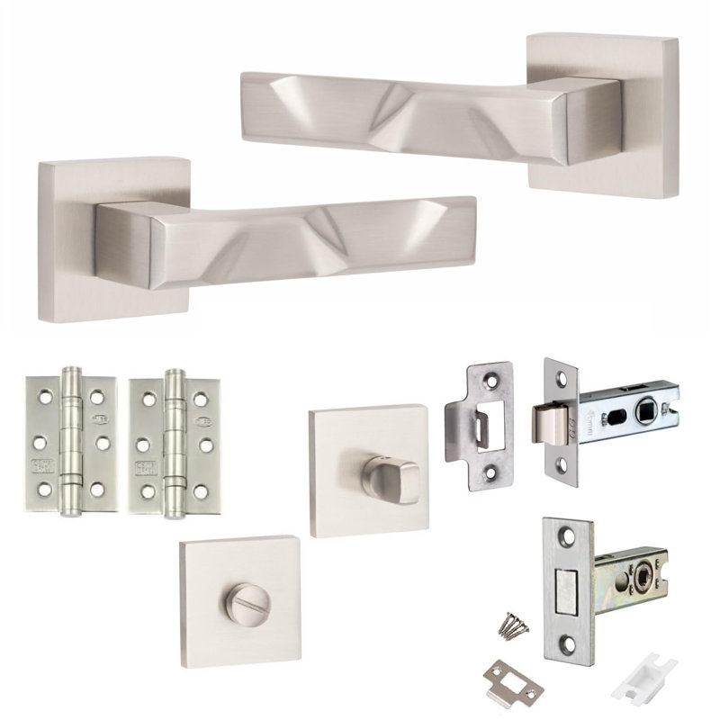  Modern Nova Premium Design Bathroom Door Handles on Square Rose in Satin Nickel Finish with Dead Bolt, Latch, Ball Hinges and Thumbturn