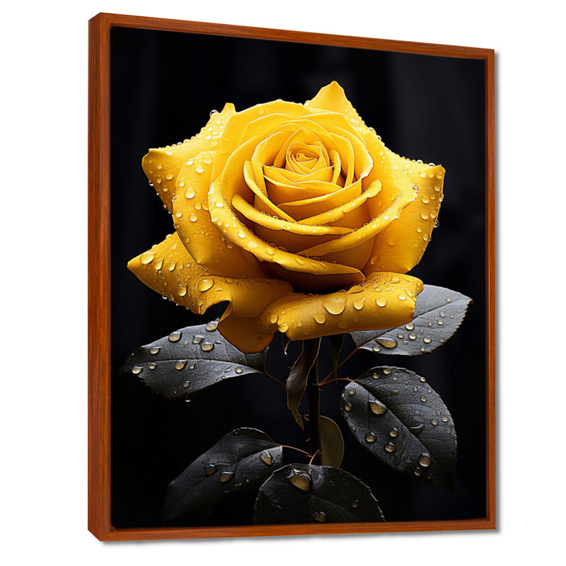 Danail, jaune, noir, rose, élégance III - fleurs, art mural, H 20 po x l 12 po x P 1 po, Cadre flottant brun