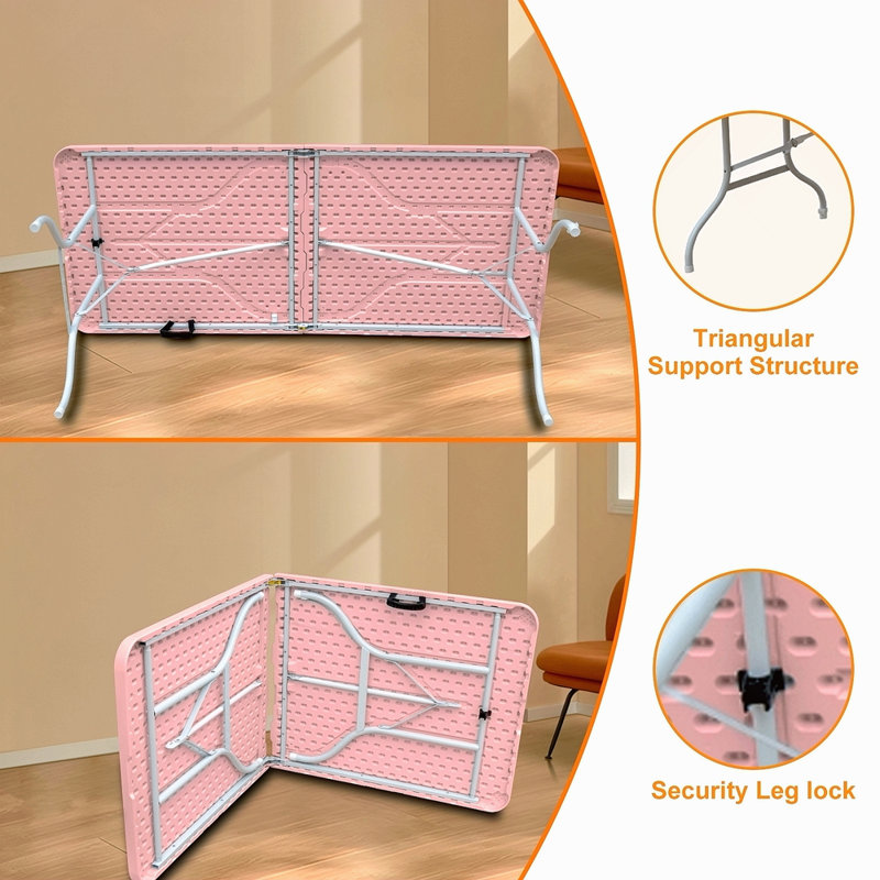Table pliante rose de 6 pi, table en plastique portative pour le camping, les pique-niques, les fêtes, table pliable à haute charge