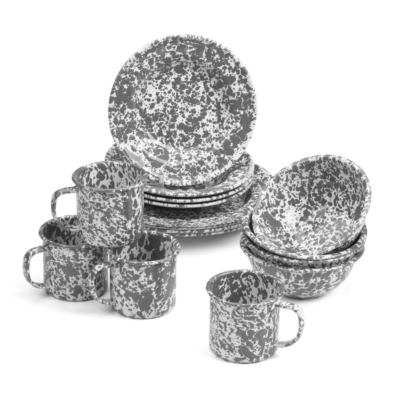 Crow Canyon Enamelware Splatter 16 Piece Dinnerware Set, Grey
