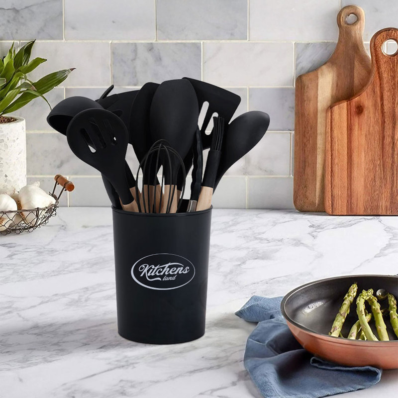 17 Stories 12 Piece Cooking Utensil Set with Utensil Crock, Black