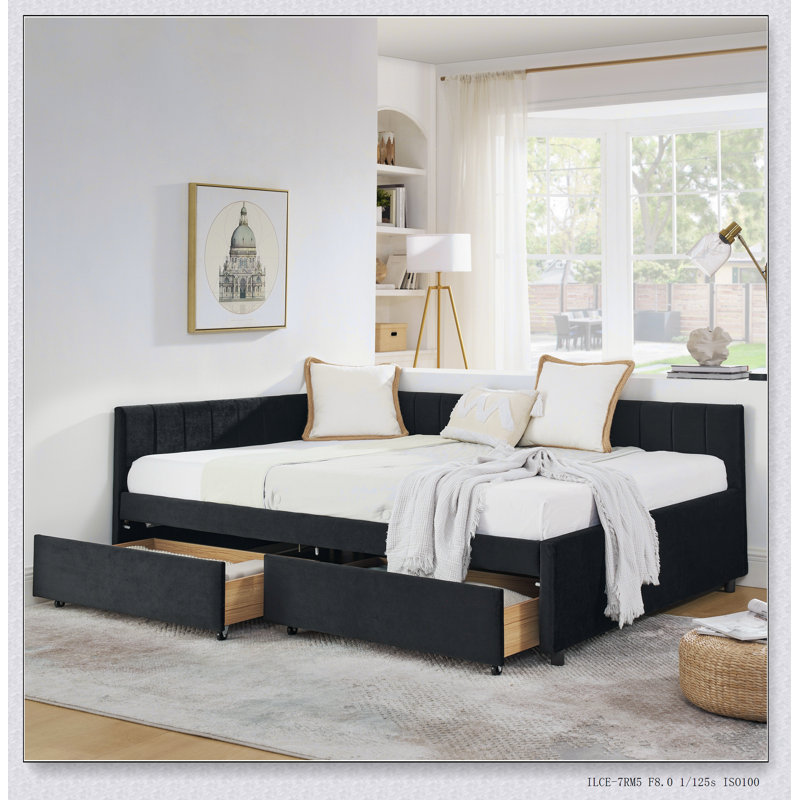 Upholstered Tufted Bed Frame with Two Drawers, Sofa Bed Frame with Comfortable Backrest and Armrests, Velvet