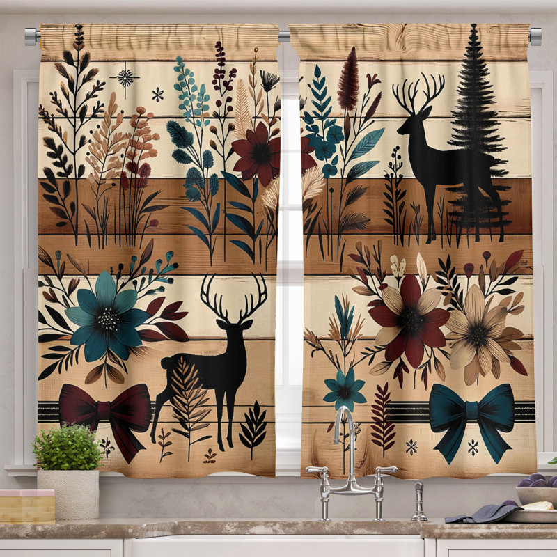 Floral Deer Print Blue and Beige Polyester Kitchen Curtains