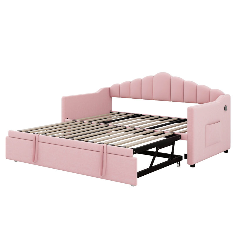 Twin Size Upholstered Daybed With Pop Up Trundle, Velvet Sofabed Frame With USB Charging Ports And 2 Side Pockets, Pink