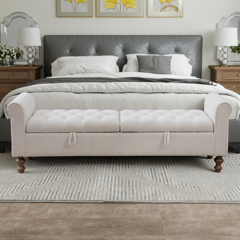 Banc de rangement rembourré capitonné avec double couvercle, Beige