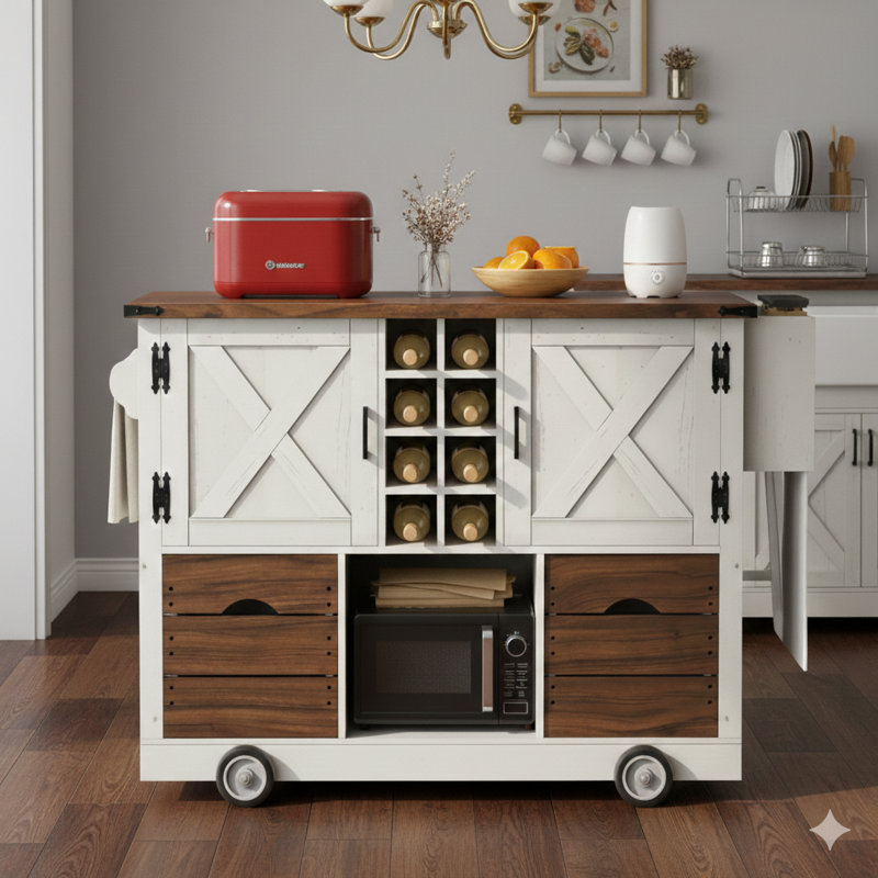 54-Inch Farmhouse Style Kitchen Island with Drop-Leaf Counter, Power Outlet, Storage Cart with 2 Doors and 2 Drawers, 4 Large Rolling Wheels, Built-In Spice Rack – For Kitchen and Dining Room Use, White Finish