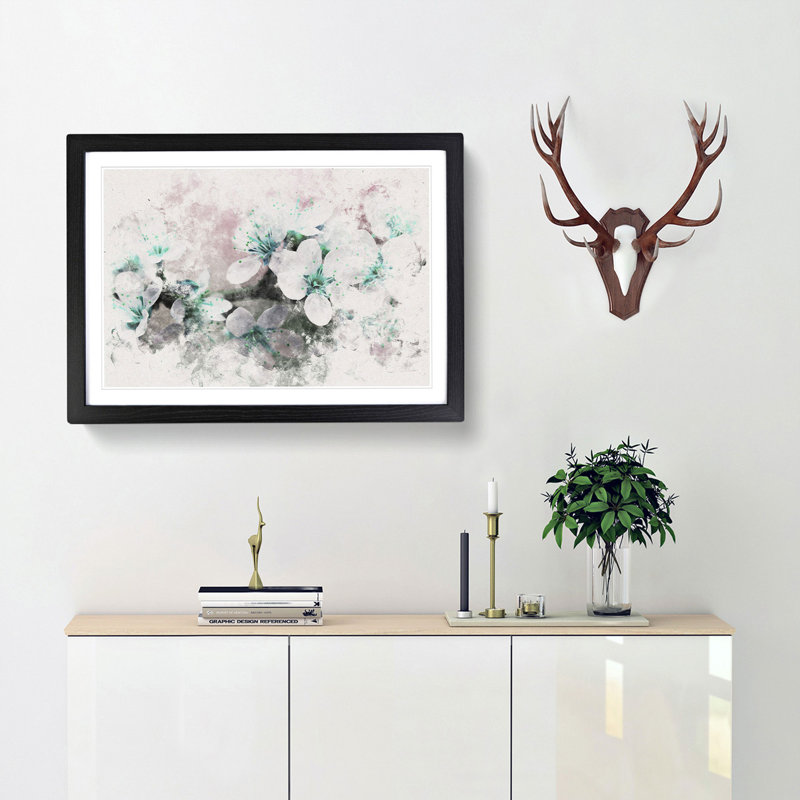 White Cherry Blossom Tree In Bloom Watercolour - Framed Print, Black, 62cm H x 87cm W x 2cm D