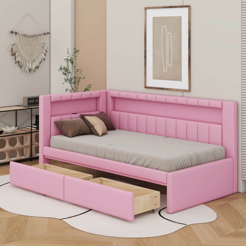 Upholstered Platform Bed With USB Ports, LED Belt, Twin, Pink