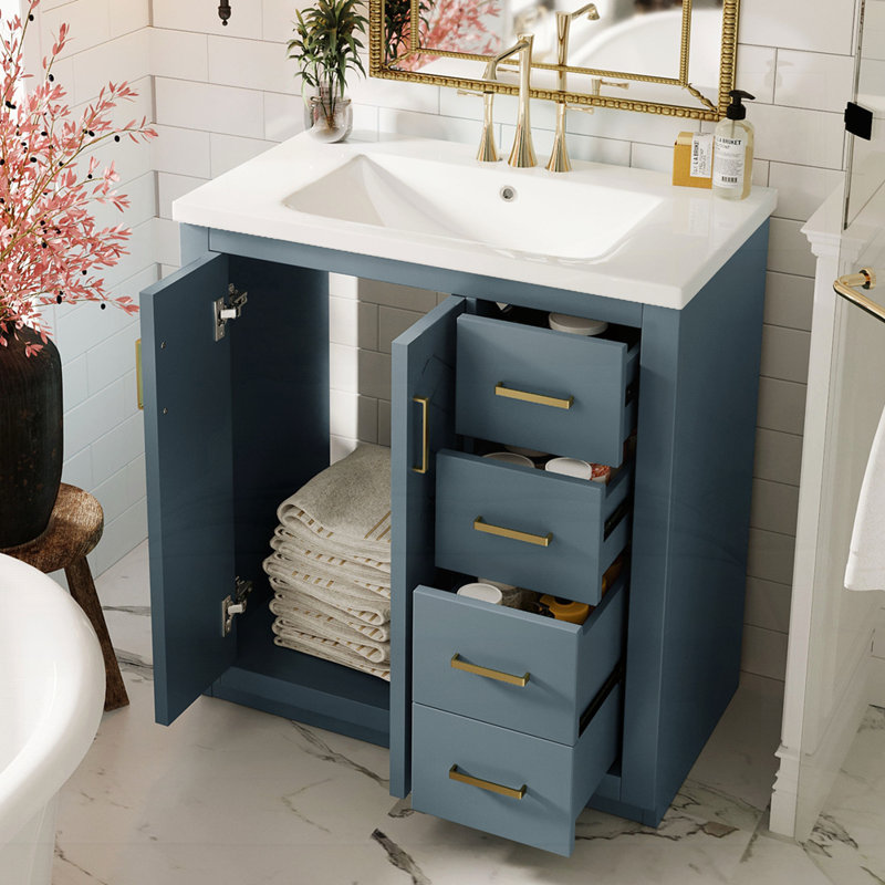 Meuble-lavabo 30 po avec lavabo en céramique, Doré, Bleu