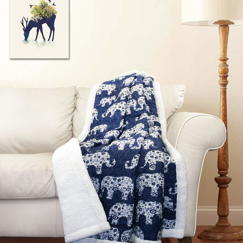 Navy Elephant Parade Reversible Sherpa Throw Blanket