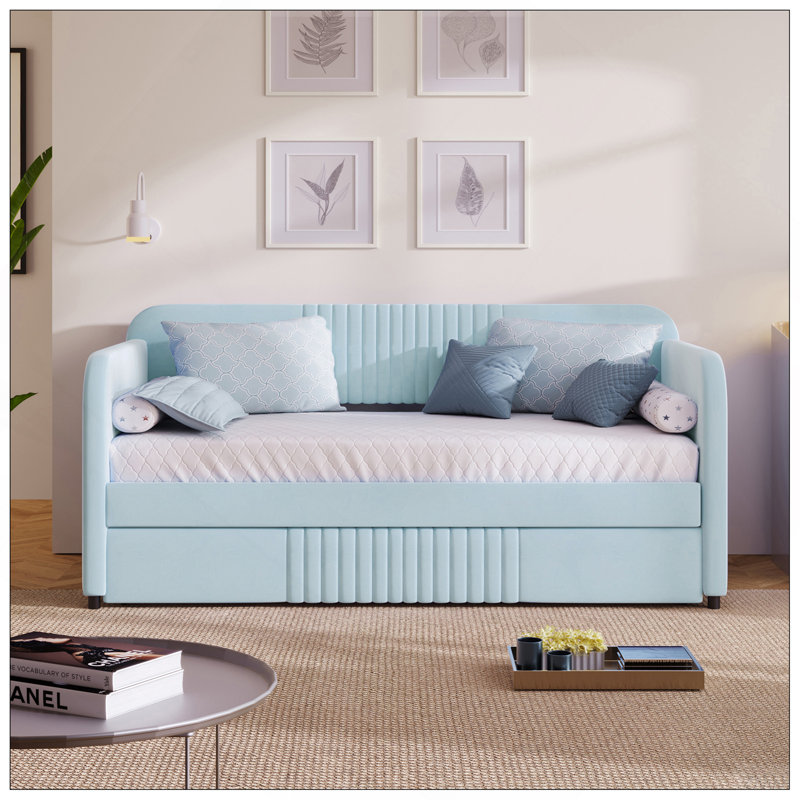 Upholstered Daybed Sofa Bed Twin Size With Trundle Bed and Wood Slat, Light Blue, Light Blue