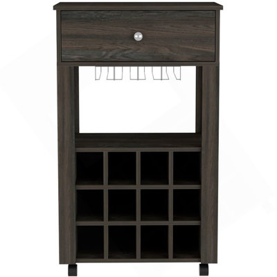 Memphis Bar Cart, Twelve Built-In Wine Rack, Four Legs, One Open Shelf -Espresso
