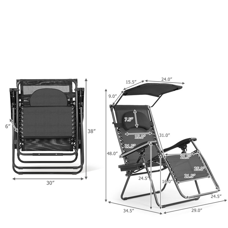 Outdoor Folding Recliner Lounge Chair with Shade Canopy And Cup Holder, Black