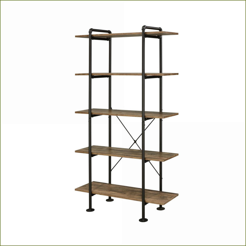 Bibliothèque à 5 tablettes en chêne rustique industriel & amp; Noir | Bois et métal | H 73,5 po x l 39,5 po x P 14,5 po