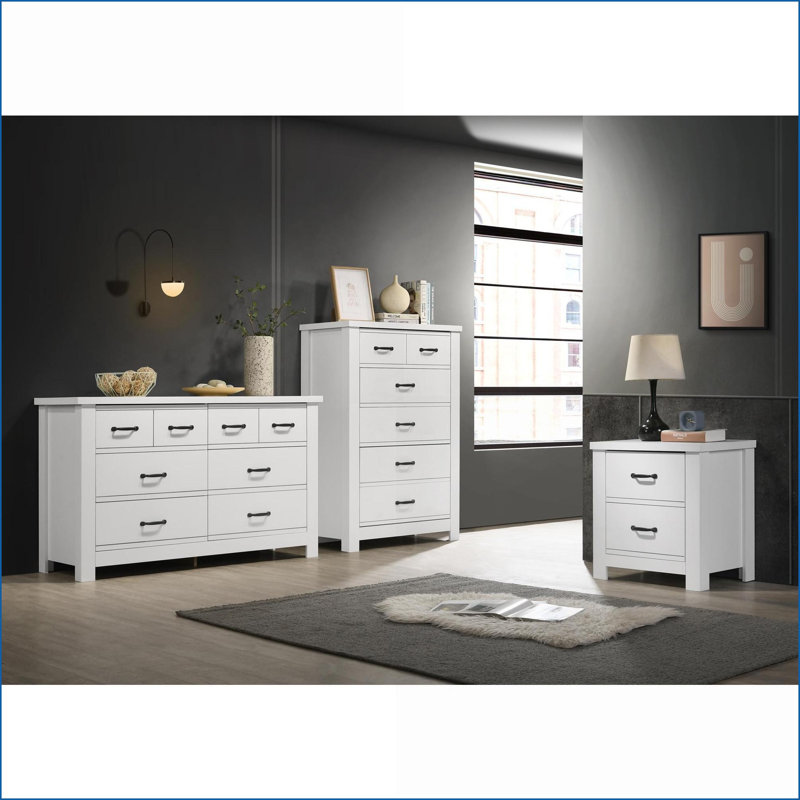 Ensembles de chambre à coucher | Ensemble moderne 3 pièces avec commode, commode et table de chevet Cassini | Blanc | Bois d'ingénierie