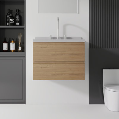 Meuble-lavabo flottant 24 po avec lavabo, meuble-lavabo mural en contreplaqué, tiroirs à fermeture en douceur, comptoir et dosseret en marbre de culture blanc granit, chêne