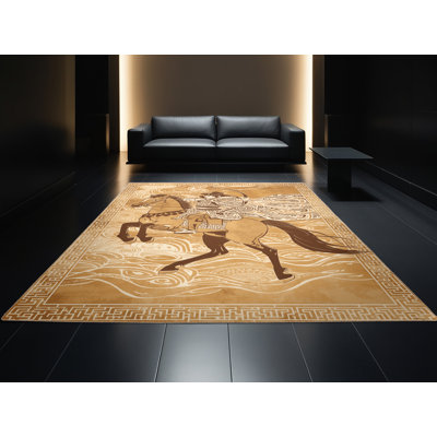 Tapis oriental classique brun et beige lavable à la machine Bedford Mongol Horse Archer