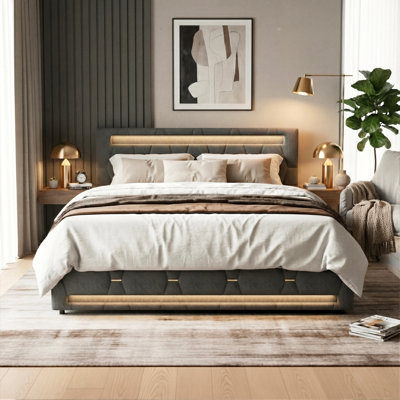 Storage Bed With 4 Drawers & Dual LED Lights, Upholstered Bed Frame With Adjustable Headboard, Grey Linen