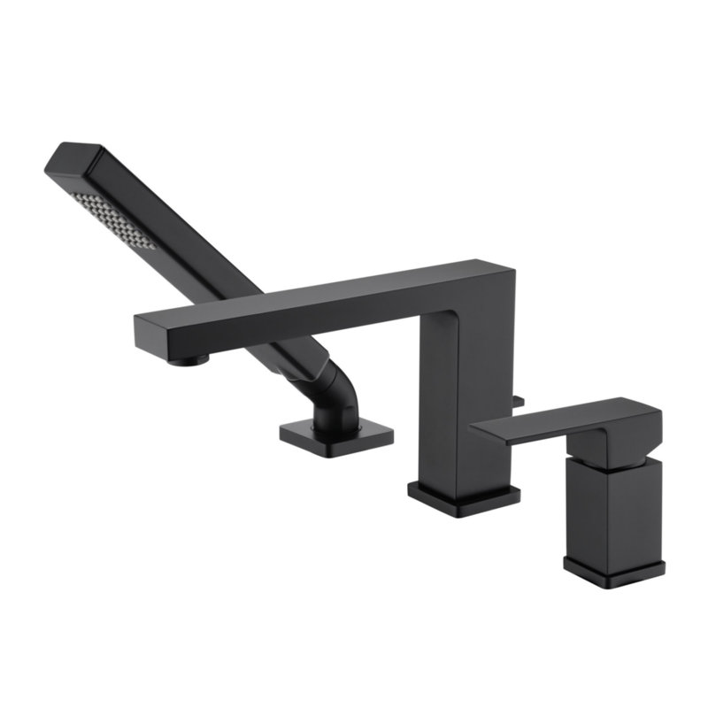 Robinet de baignoire romaine à deux poignées à fixation sur le comptoir à 8 poignées par minute avec douchette extractible et valve brute - noir mat