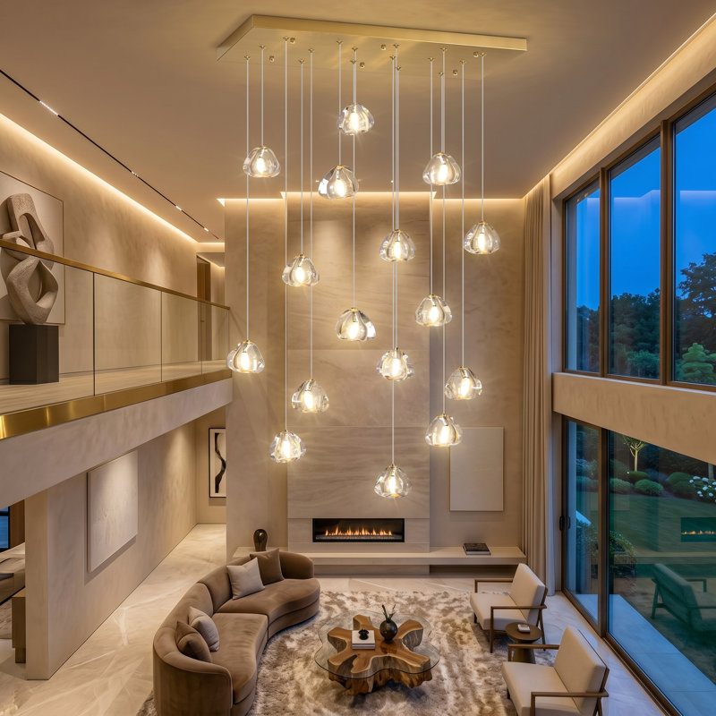 16-Light Dimmable LED Rectangular Crystal Chandeliers, Doré