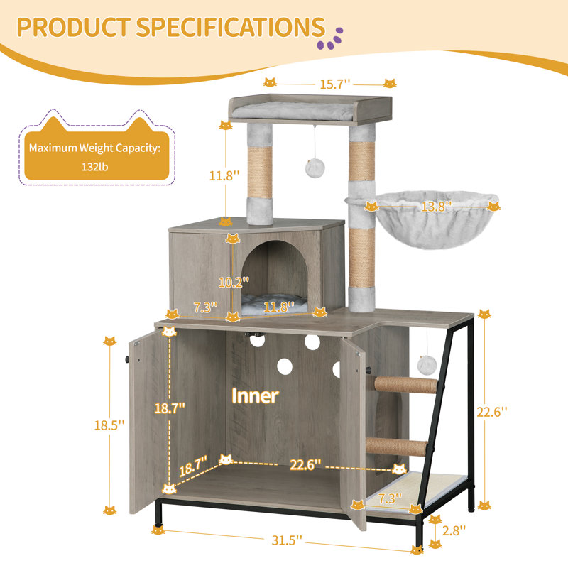Enceinte de litière pour chat avec arbre à chat, maison de chat moderne 4-en-1 avec grande plateforme, Gris / noir