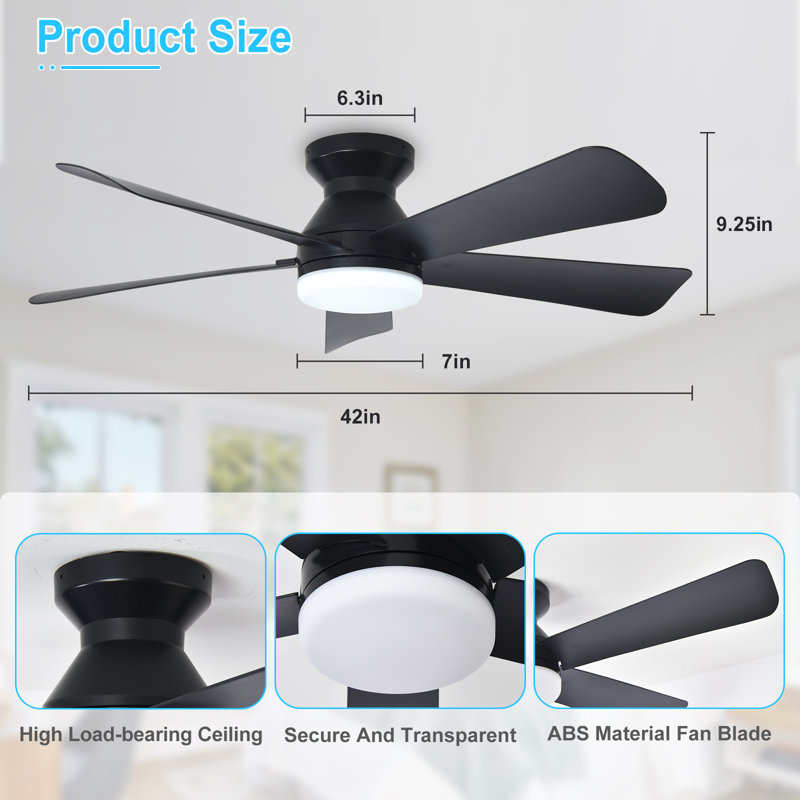 42" Black Modern Ceiling Fan with Light and Remote  for Bedroom, Black, Black, 42" Wide