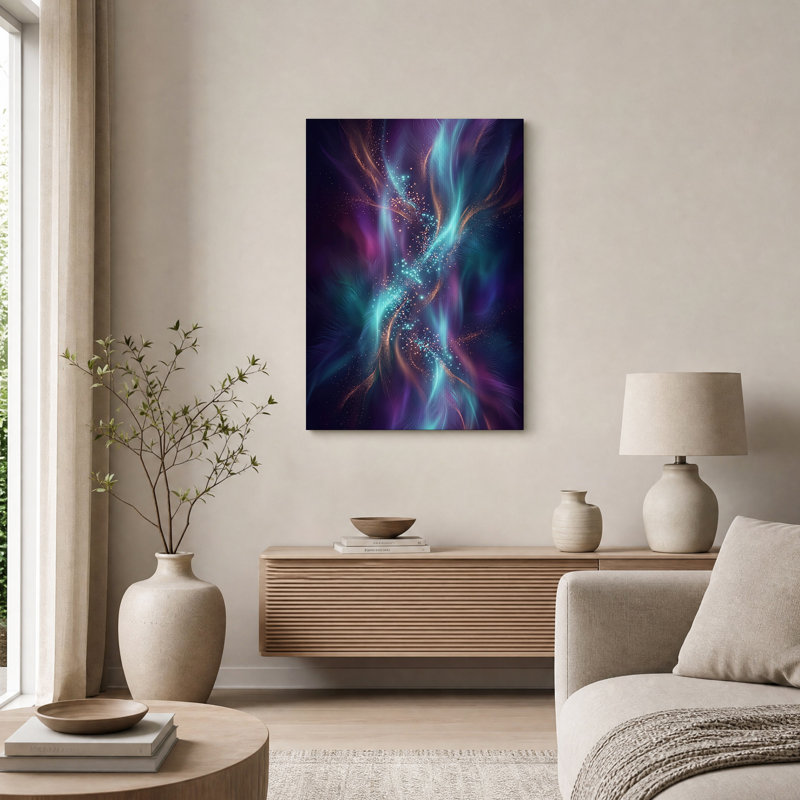 Toile murale abstraite aux motifs tourbillonnants turquoise et violets lumineux, 24"H x 16"W