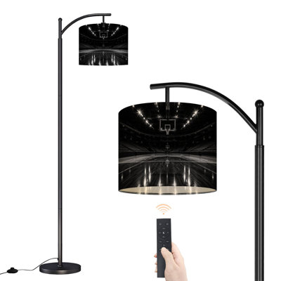 Lampe sur pied à arc avec abat-jour réglable Basketball noir et blanc Projecteurs vides Lampe sur pied en bois 3 températures de couleur Lampe à mât haut avec interrupteur au pied pour la chambre à coucher