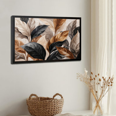 Art mural sur toile noir encadré pour le salon, la chambre à coucher, le bureau ou le vestibule - décoration murale décorative avec motif de feuilles