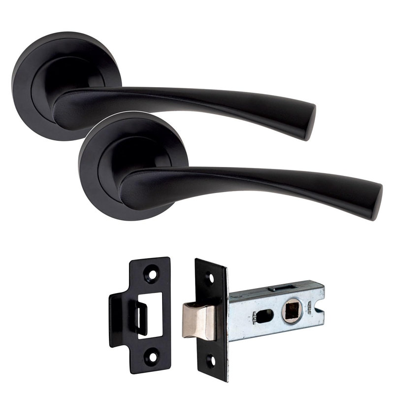  6 Pairs Astrid Design Door Handles on Round Rose Latch in Matt Black Finish with 2.5" Tubular Latch - 52mm Diameter