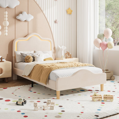 Cadre de lit souple DEL beige double XL pour enfants/filles - Tête et pied de lit réglables - Sommier à lattes en bois - Pas besoin de sommier à tapissier - Mousse haute densité - Montage facile - Taille : Twin XL, Couleur : Beige