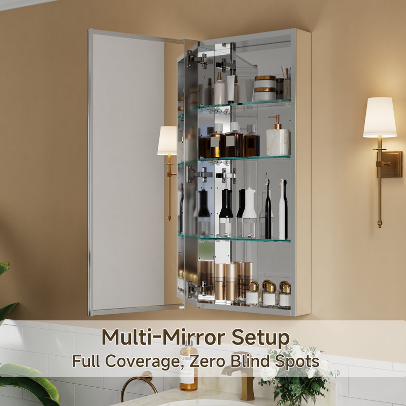16 po X P 36 po Pharmacie rectangulaire en H avec miroir, fixation encastrée ou en surface, tablettes réglables en verre trempé, rangement grande capacité, porte réversible