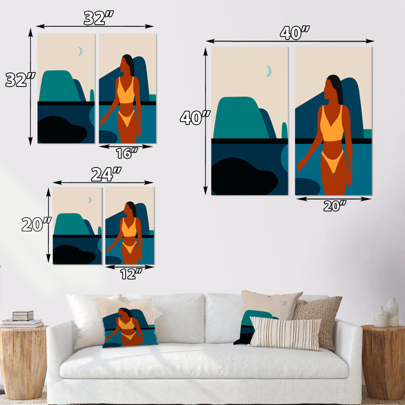 «Retro Woman Portrait Minimalistic Pop V», ensemble de 2 peintures, Toile tendue, H 20 po x l 24 po x P 1 po