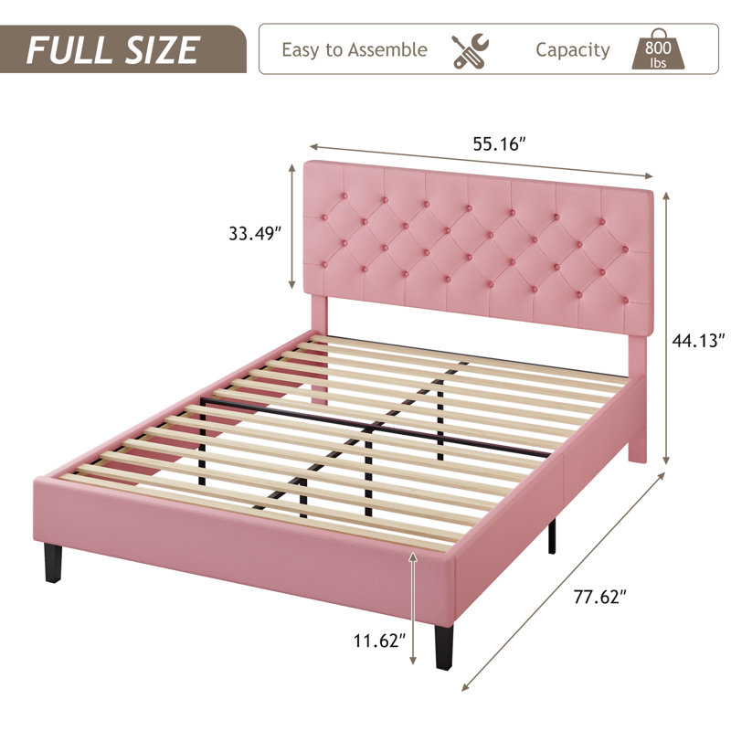 Bed Frame with Headboard, Upholstered Platform Bed with Button Tufted Desigh, Full, Pink