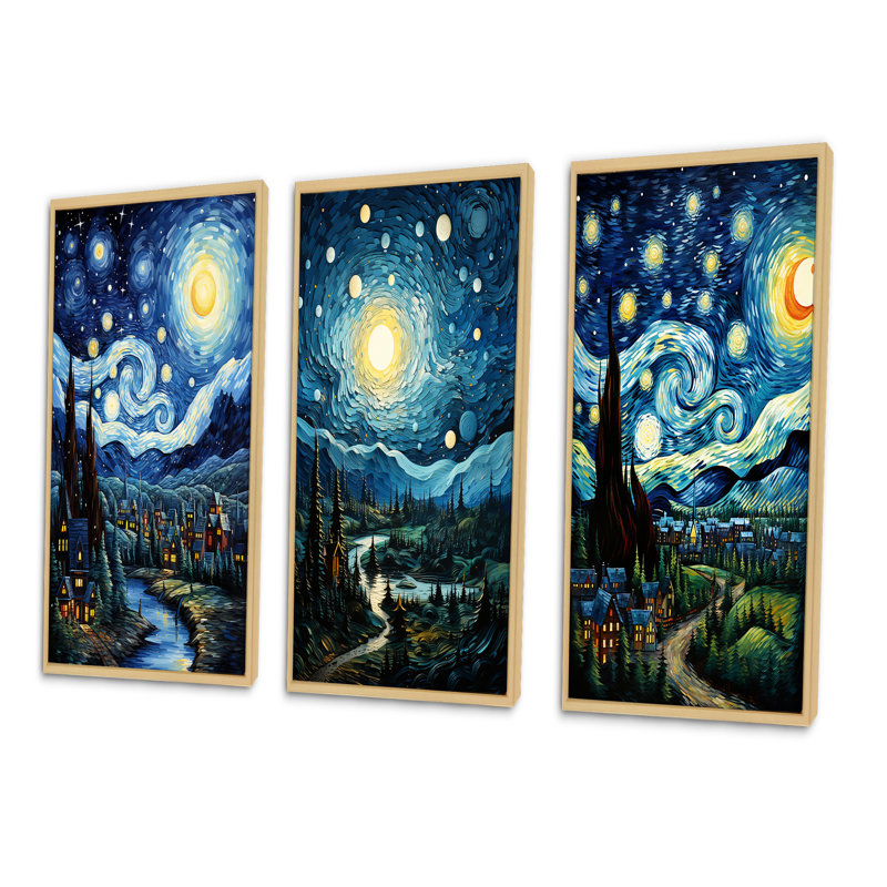 "Chef-d'œuvre The Starry Day par Vincent", 3 pièces sur toile, Cadre naturel flottant, H 40 po x l 60 po