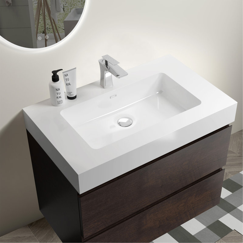 Meuble-lavabo élégant avec conception murale et lavabo intégré offrant style et fonctionnalité., Noyer, Blanc