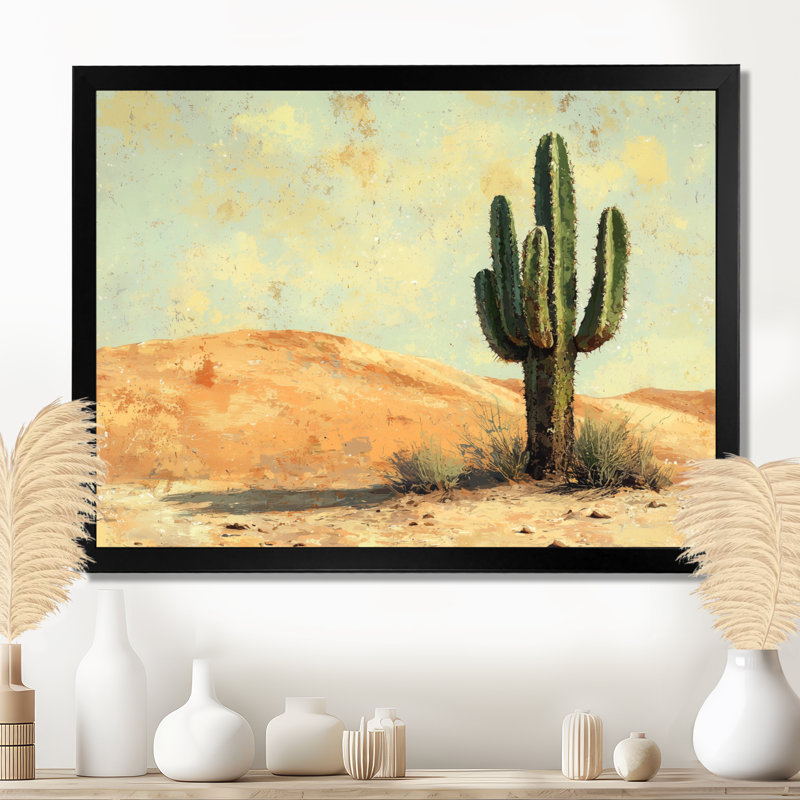 Minimalisme, cactus par les dunes I - art mural grand cactus, Noir, H 12 po x l 20 po, Avec cadre