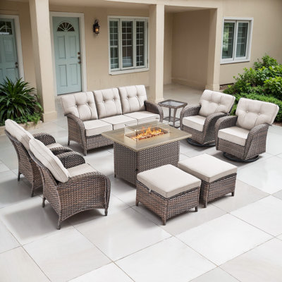 Agnes 7-9 Person Outdoor Wicker T-Back Cushions Conversation Set With Fire Pit Table by Lark Manor