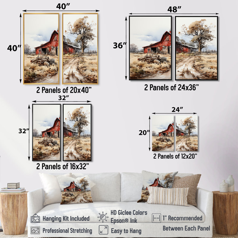 Farmstead Lnadscape III - ensemble de 2 impressions sur toile rouges, H 20 po x l 24 po, Blanc